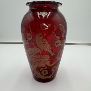 VTG ANCHOR HOCKING Royal Ruby Red Vase - Birds & Blossoms - Made in U.S.A.